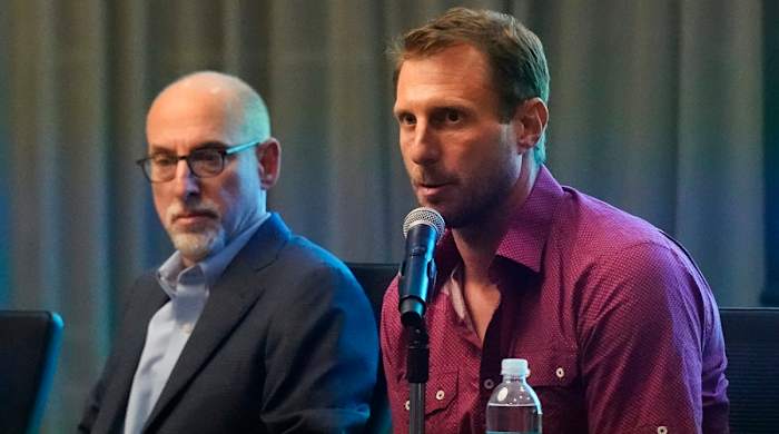 New York Mets pitcher Max Scherzer, right, speaks as Bruce Meyer, chief union negotiator, listens during a news conference Tuesday, March 1, 2022, in Jupiter, Fla.